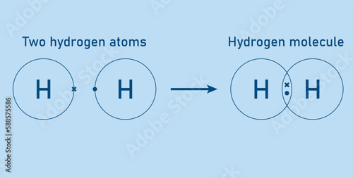 Covalent bond of the hydrogen molecule. Two hydrogen atoms and hydrogen molecule. Vector illustration isolated on blue background.