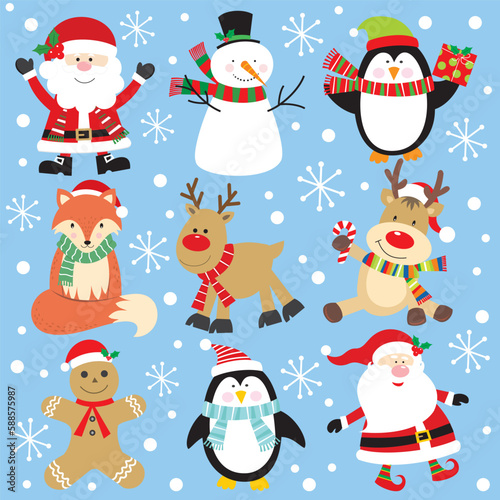 christmas card with snowman, reindeer, penguin, fox , gingerbread man and santa