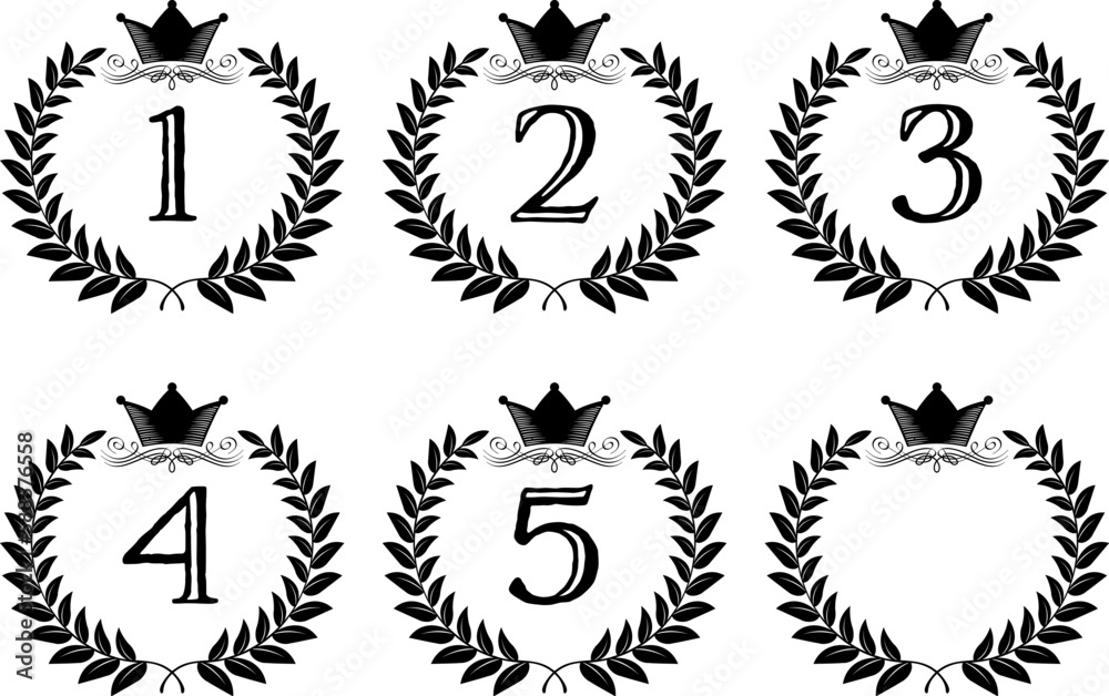 月桂樹と王冠の飾り線つきランキングアイコン 1〜5位、空白 月桂樹と王冠の飾り線つきランキングアイコン 1〜5位、空白