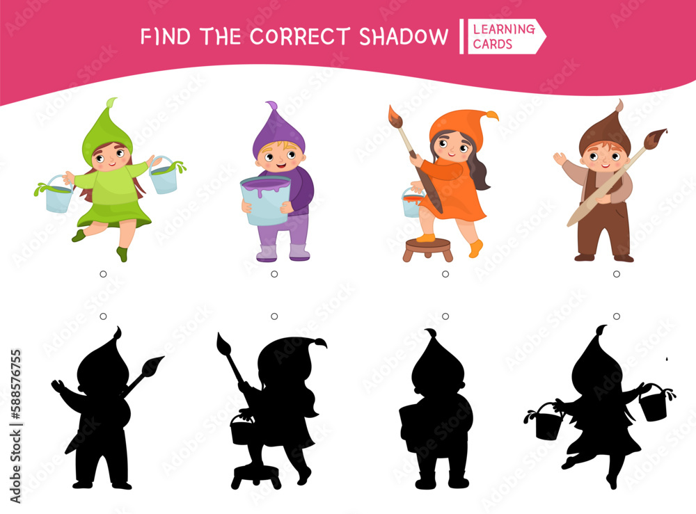 Educational  game for children. Find the right shadow. Kids activity with cartoon cute kids.