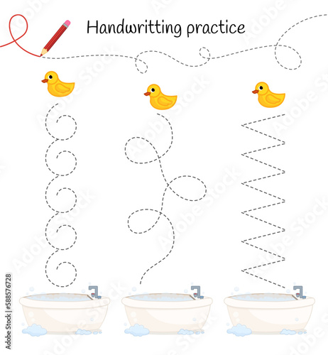 Handwriting practice sheet. Basic writing. Educational game for children. Put the ducks in the bath.

