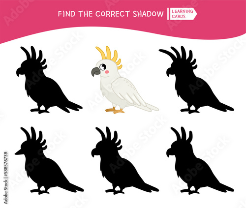 Educational  game for children. Find the right shadow. Kids activity with cartoon cute cockatoo.