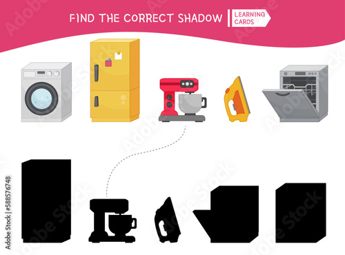 Educational  game for children. Find the right shadow. Kids activity with cartoon cute Appliances.