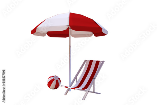 Vector image of striped folding chair and parasol with ball