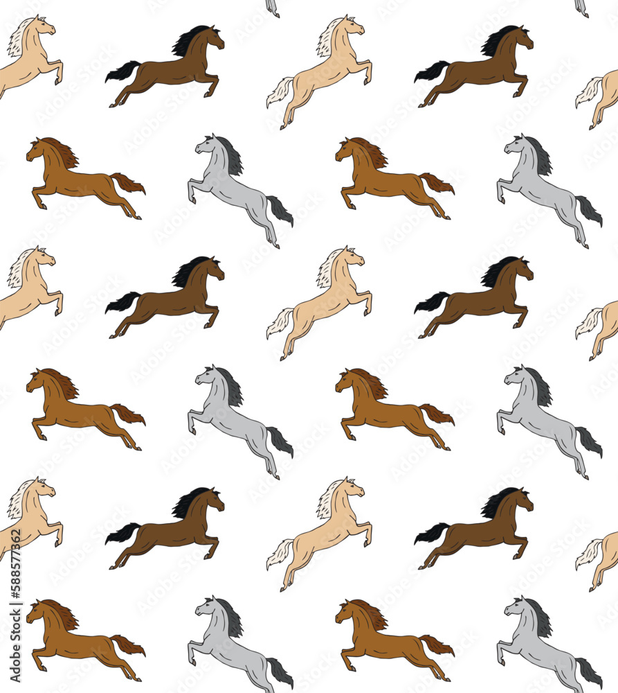 Vector seamless pattern of different color hand drawn dressage horse jumping isolated on white background