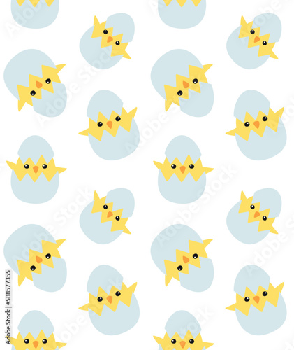 Vector seamless pattern of flat hand drawn chick in egg shell isolated on white background