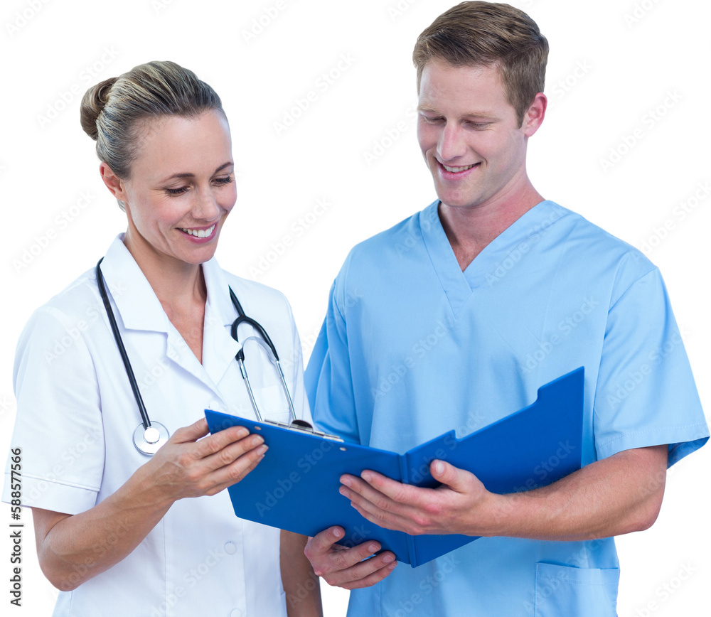 Smiling doctor and nurse with clipboard Smiling doctor and nurse with clipboard