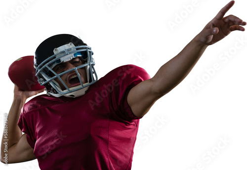 American football player with ball pointing