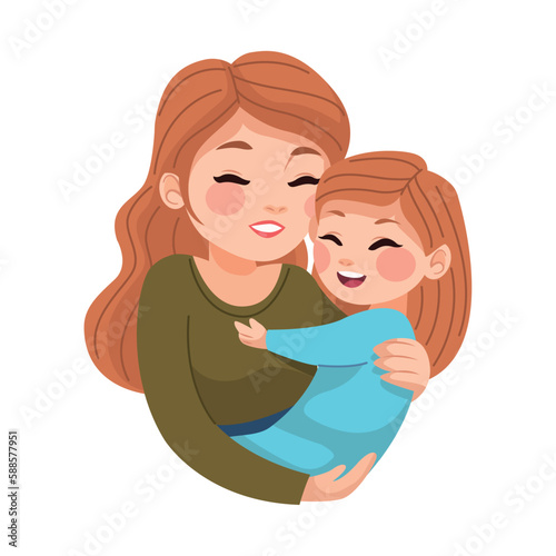blond mother hugging daughter
