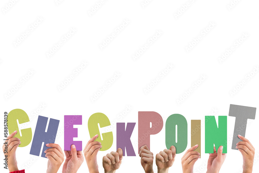 Cropped hands holding colorful word checkpoint  - obrazy, fototapety, plakaty 