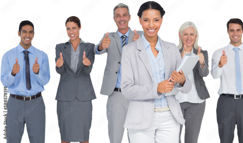 Happy business people looking at camera with thumbs up Happy business people looking at camera with thumbs up