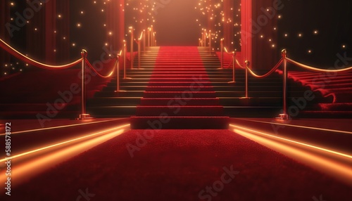 Red Carpet Bollywood Stage, Maroon Steps Spot Light Backdrop of the Golden Regal Awards. Generative ai