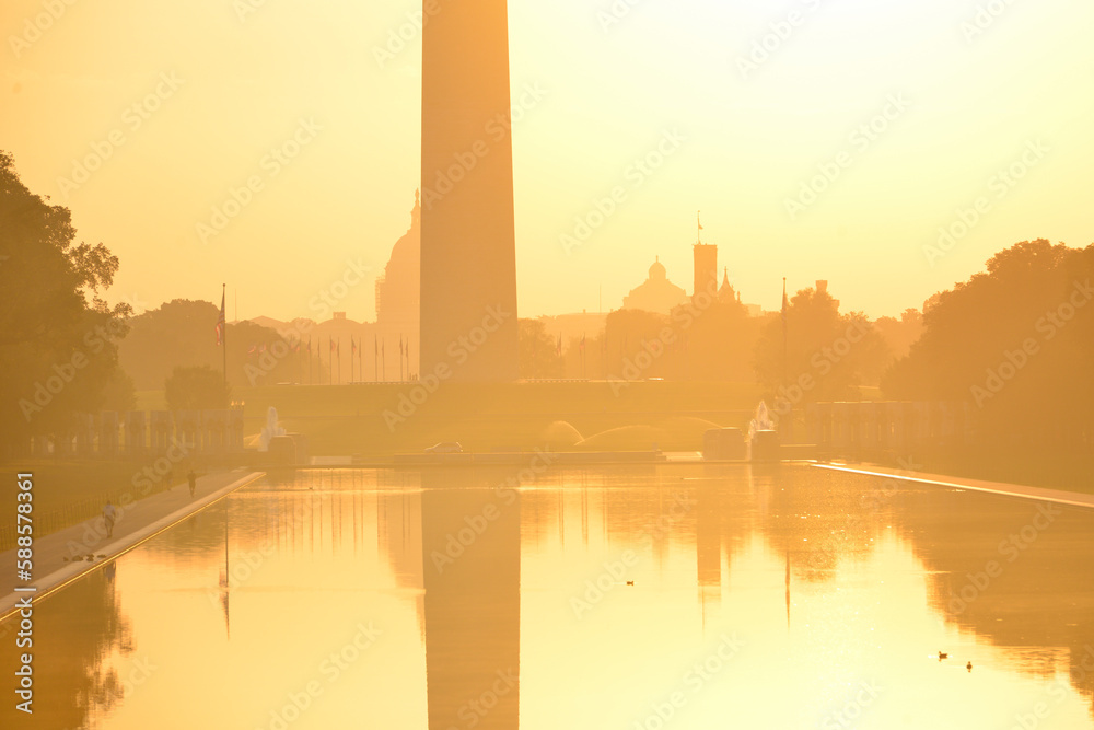 Washington Monument and Capitol Building as seen from Lincoln Memorial during sunrise - Washington D.C. United States of America
