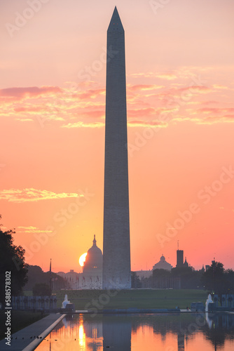 Washington Monument and Capitol Building as seen from Lincoln Memorial during sunrise - Washington D.C. United States of America
