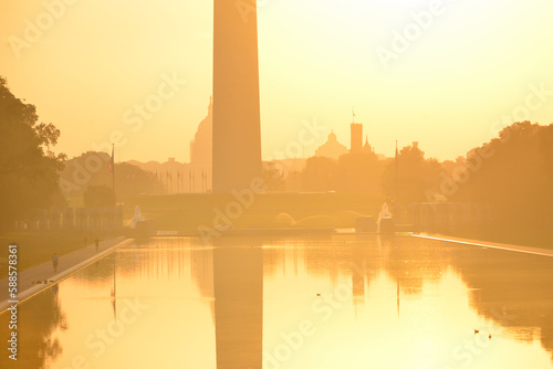 Washington Monument and Capitol Building as seen from Lincoln Memorial during sunrise - Washington D.C. United States of America 