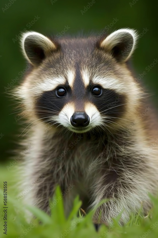 raccoon in the grass, photo of raccoon outdoors in nature
