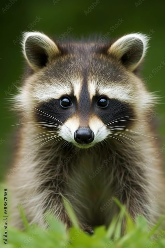 photo of raccoon outdoors in nature, portrait of a raccoon, close up of a raccoon, raccoon in the grass