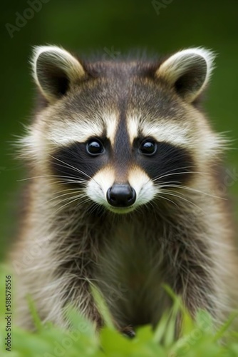 photo of raccoon outdoors in nature, portrait of a raccoon, close up of a raccoon, raccoon in the grass