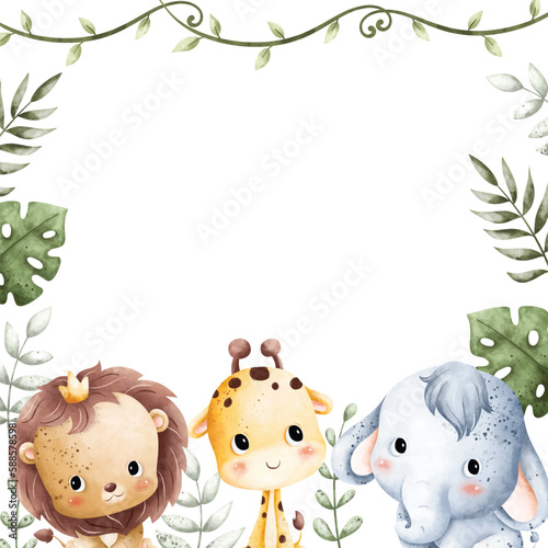 Photography Watercolor Illustration frame with cute baby animals and tropical leaves