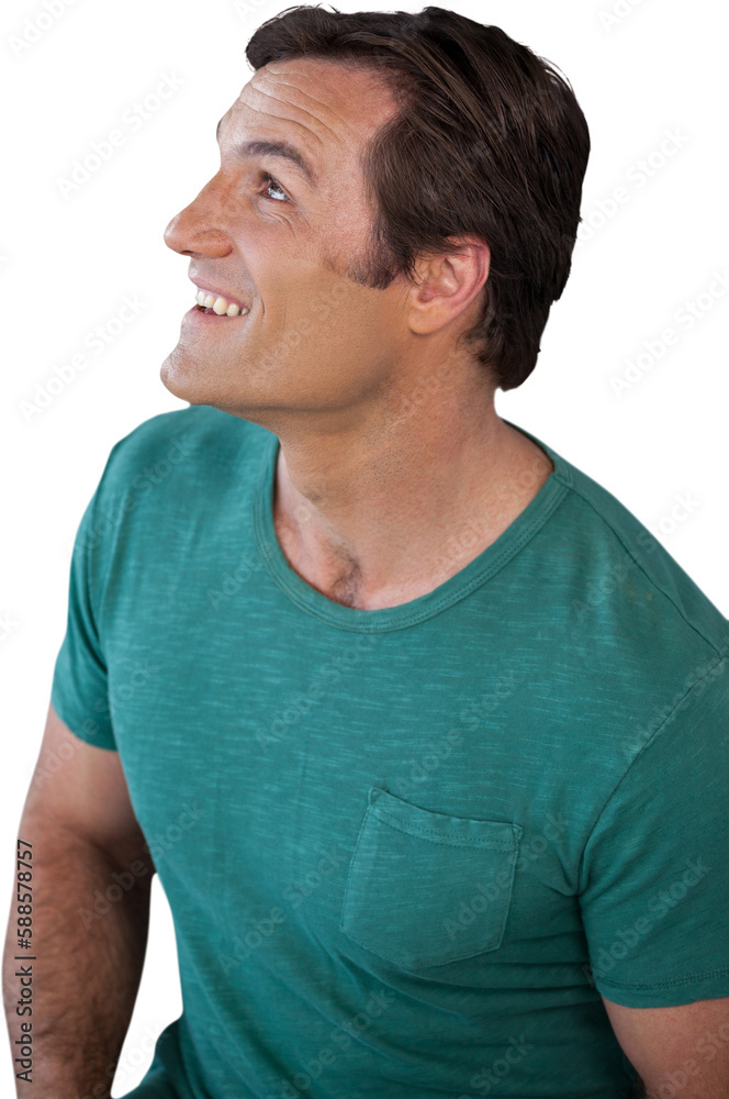 Fototapeta premium Thoughtful smiling mature man looking up while bending