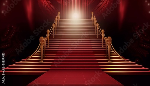 Red Carpet Bollywood Stage  Maroon Steps Spot Light Backdrop of the Golden Regal Awards. Generative ai