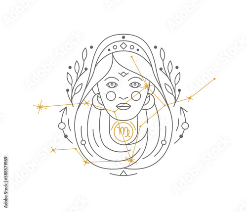 Virgo astrological symbol with Zodiac constellation, connected stars. Astrology horoscope sign and stars on white background thin line vector illustration