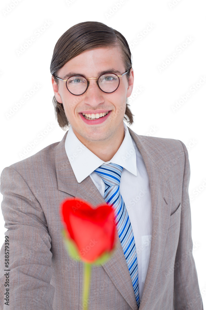 Fototapeta premium Geeky businessman offering a rose