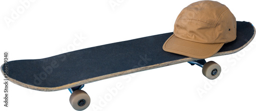 Skateboard and cap over white background