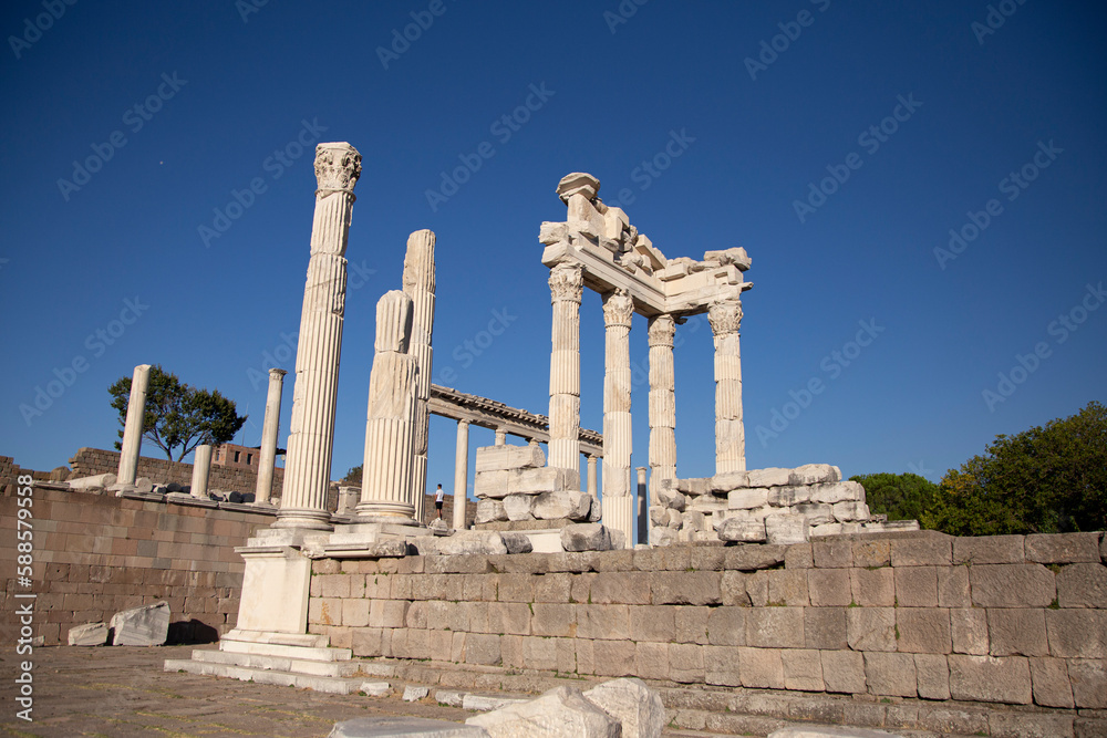 Ruins of the Temple of Trajan the ancient site of Pergamum-Pergamon. Izmir, Ancient Ruins of Pergamon Acropolis.