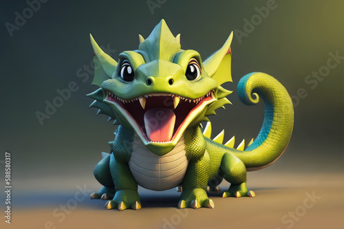 Green little baby cartoon cute dragon with a big smile on its face. With funny curly tail. Without wings. generative ai illustration