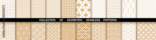 Geometric set of seamless gold and white patterns. Simpless vector graphics