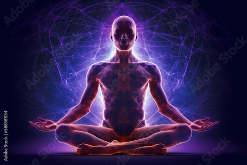 image that depicts the mind-body connection, a person sitting cross-legged with their hands on their knees and their eyes closed, to capture the essence of yoga meditation Generative AI