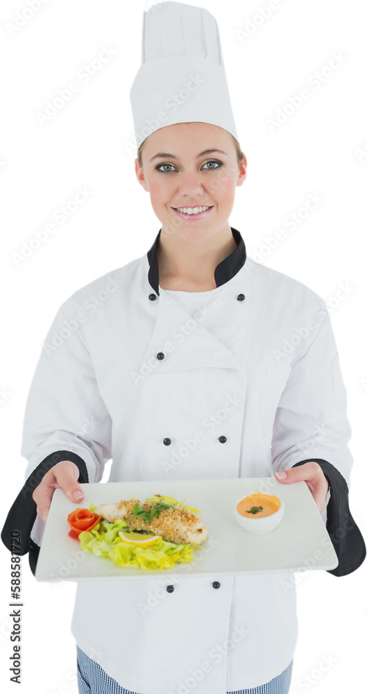Portrait of happy female chef holding plate with food Portrait of happy female chef holding plate with food