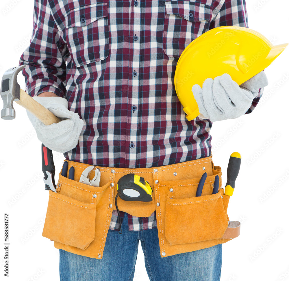 Handyman holding hard hat and hammer Handyman holding hard hat and hammer