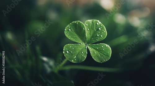 A close-up of a green 4-leaf clover with dew on it - AI Generated