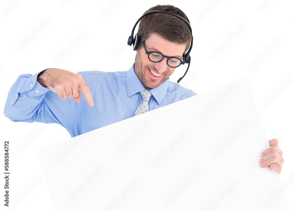 Businessman showing card wearing headset Businessman showing card wearing headset