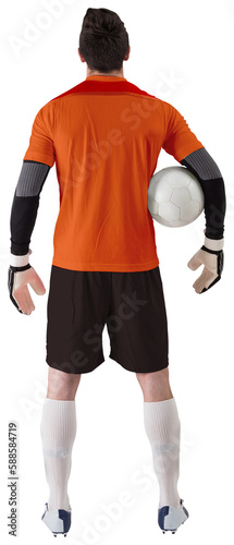 Goalkeeper in orange holding ball