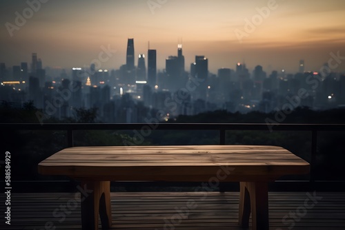 A wooden table in front of a city skyline at dusk, with no objects on it. Generative AI © Elmi