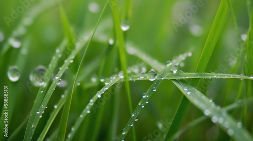 Fresh green grass with dew drops close up. Water driops on the fresh grass after rain. Light morning dew on the green grass. Generative AI.