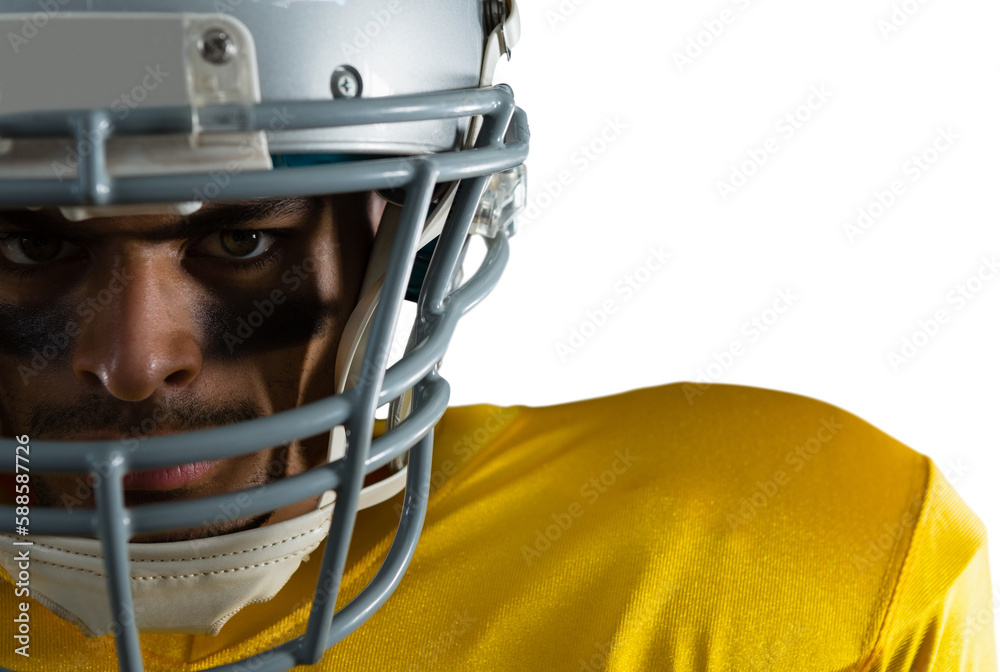 Close up portrait of American football player wearing helmet Close up portrait of American football player wearing helmet