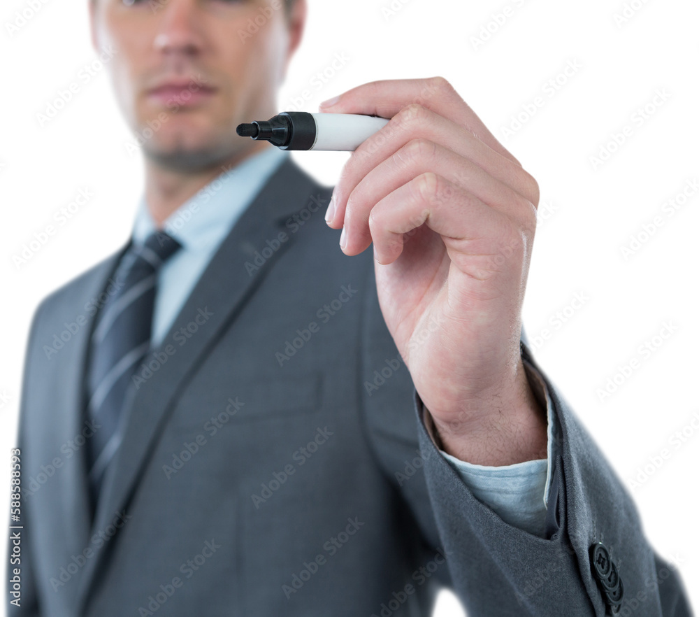 Businessman writing with marker invisible screen Businessman writing with marker invisible screen