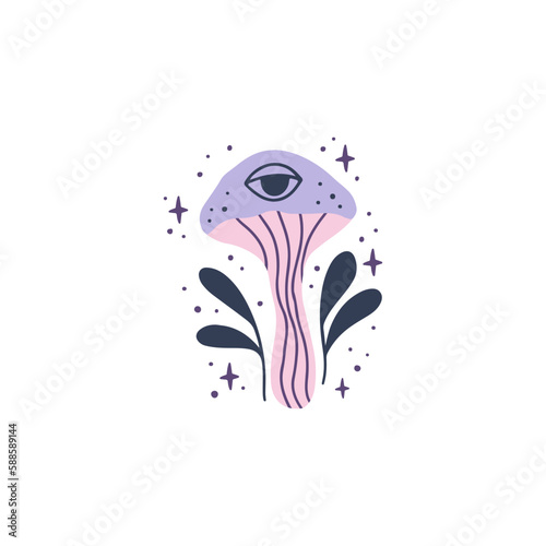 Mystical mushroom with third eyes, floral elements. Trippy fungi amanita, toadstool vector illustration. Magical witchy plant isolated on white. Whimsical fantasy poster.