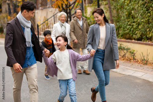 Chinese family taking a walk