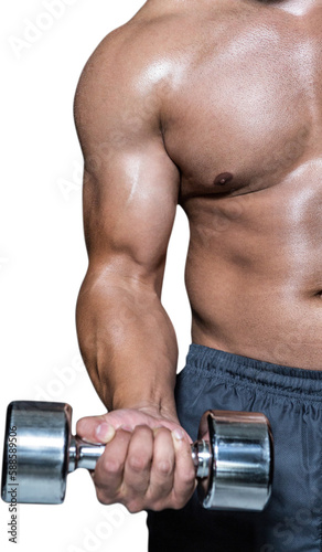 Mid section of a bodybuilder with dumbbell