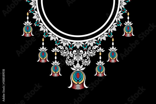 Ethnic pattern. Bandana Print. Silk neck scarf or kerchief. Design for Saree, Patola, Sari, Dupatta, textile. Tile patterns. Aztec style. Floral vintage. Bohemian Indian motif style. Clothing. Vector.