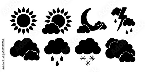 Weather icons collection. Black vector elements on white background. Best for seamless patterns, decoration,  and your design.