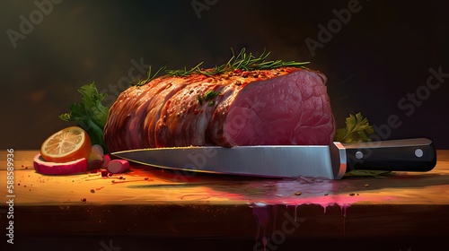 Perfectly cooked large meat with golden seared surface, red to pink spectrum center cut, juicy and succulent. Precisely cut surface reflects its perfection. Visual favourful image, generative ai photo