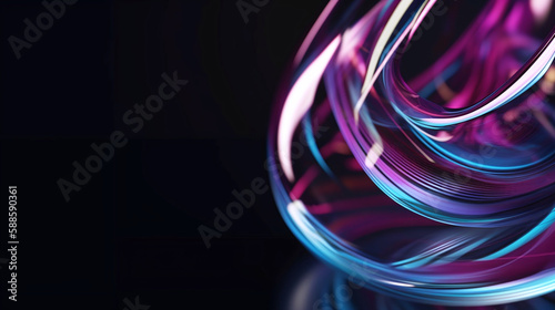 Abstract liquid glass holographic iridescent neon curved wave in motion dark background 3d render. Gradient design element for banners, backgrounds, wallpapers and covers. Generative AI