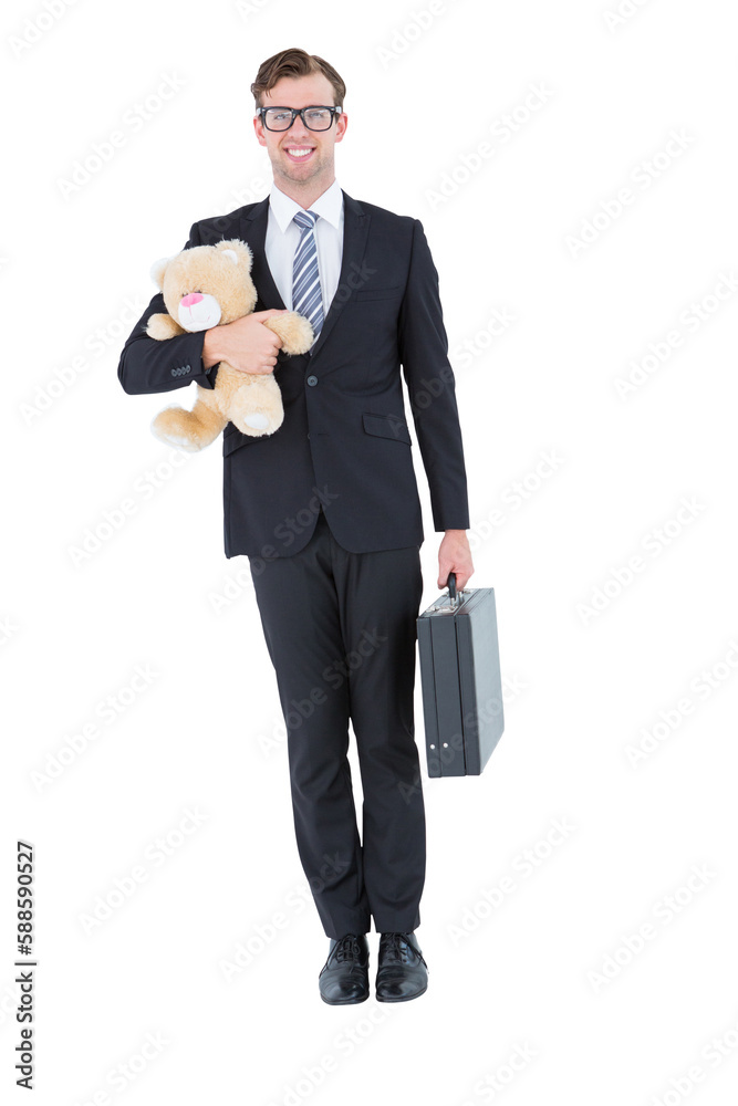 Geeky hipster businessman holding briefcase and teddy Geeky hipster businessman holding briefcase and teddy