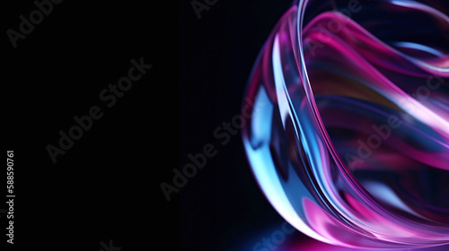 Abstract liquid glass holographic iridescent neon curved wave in motion dark background 3d render. Gradient design element for banners, backgrounds, wallpapers and covers. Generative AI